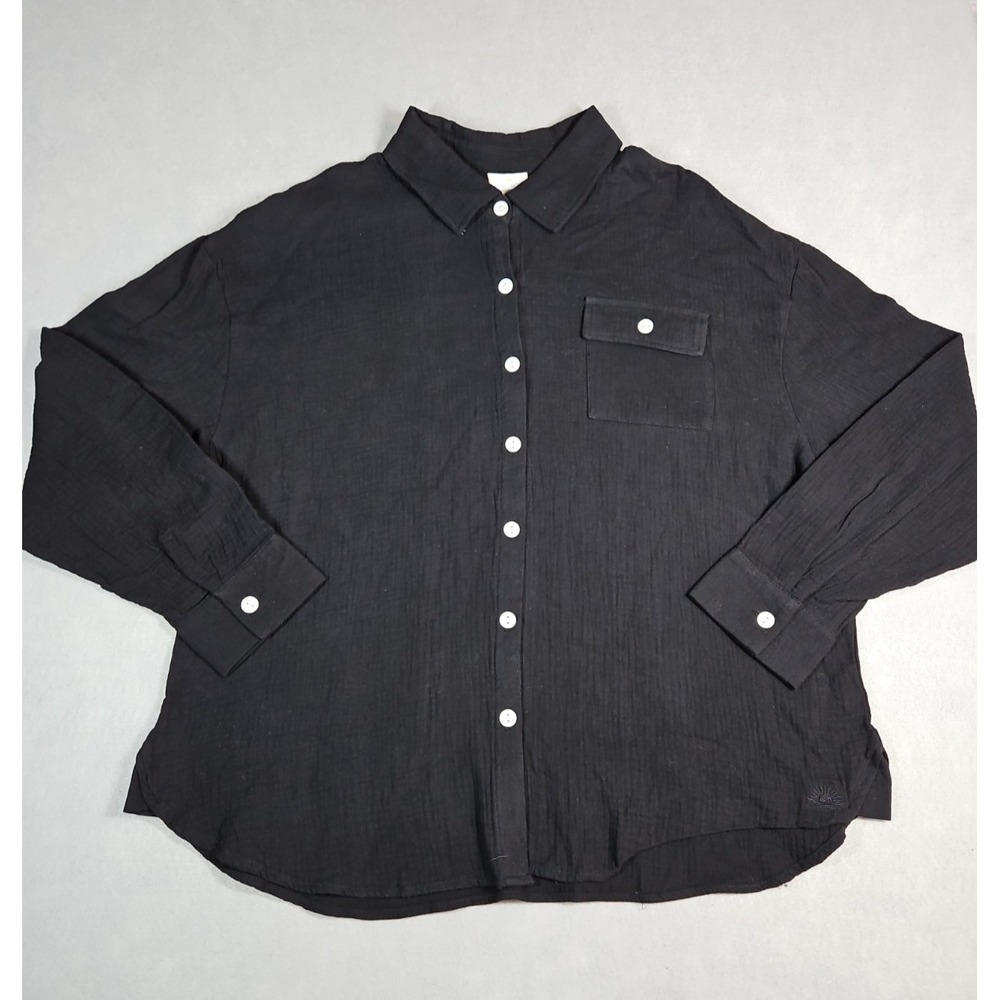 Club Social Womens Black Gauze Button Up Long Sleeve Cotton Top Size Large NWOT
